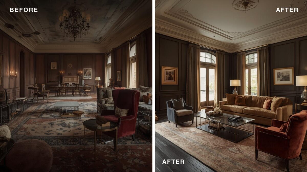 before and after large unfocused area living room makeover