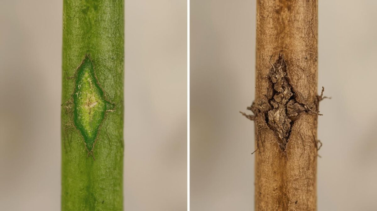 Side by side image showing green and damage