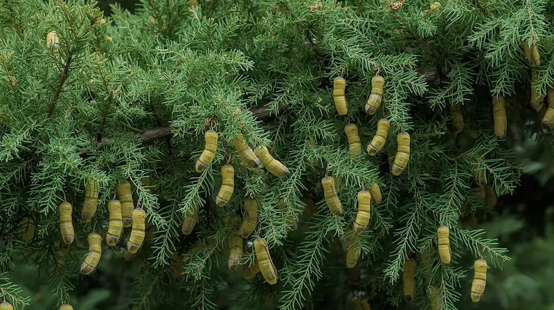showing bagworm cocoons hanging from arborvitae branches
