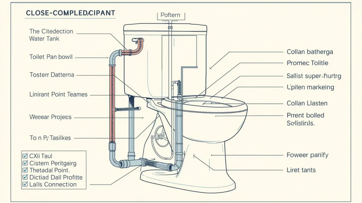 A labeled diagram of a close-coupled toilet showing the cistern, pan, and connection points.
