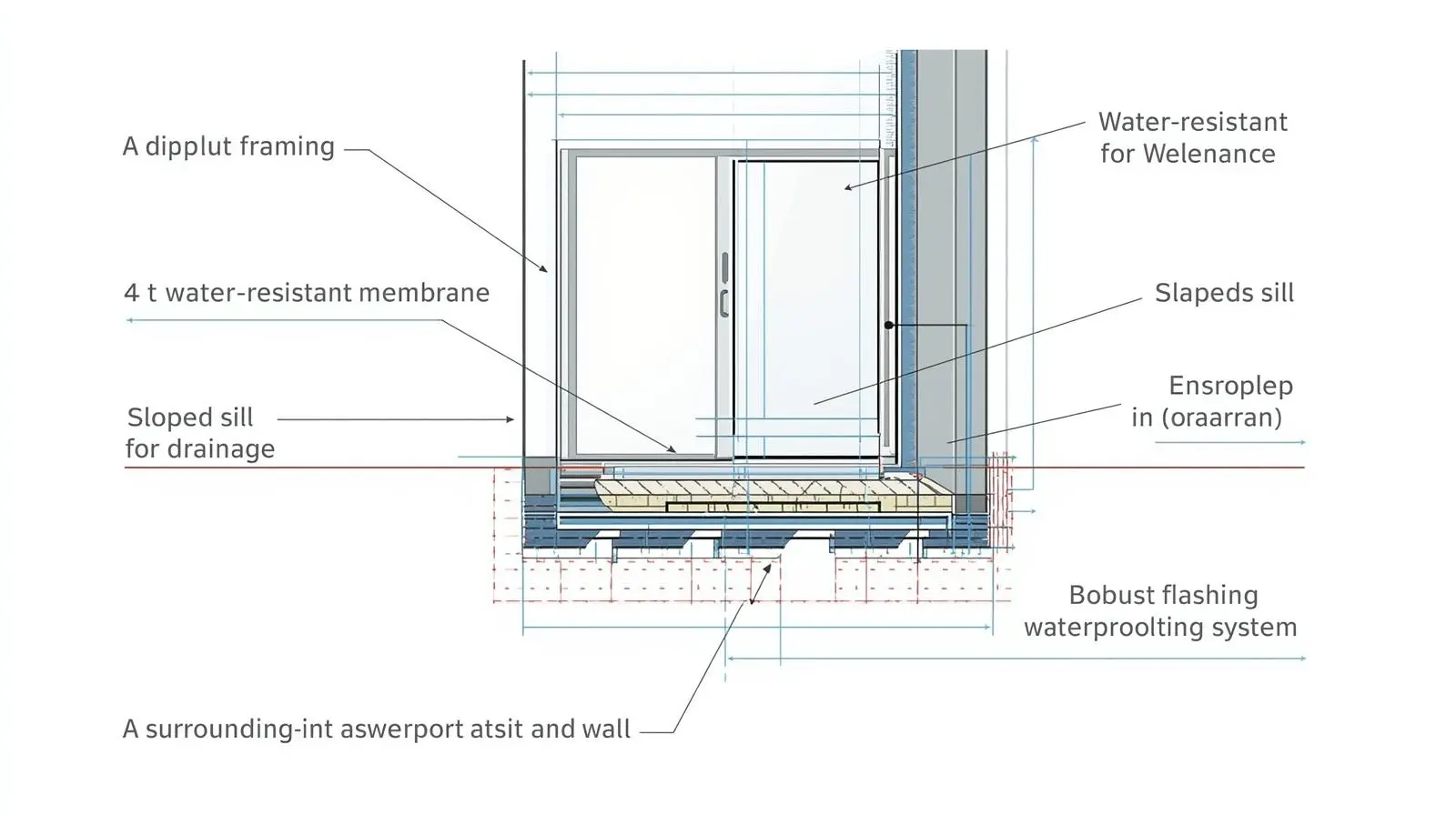 A layered diagram showing framing, membrane, sloped sill, flashing, and the surrounding waterproofing system.