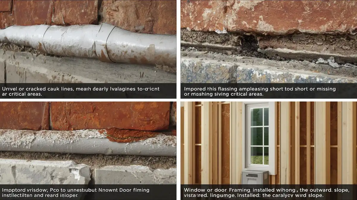 photos showing examples of each problem, such as failed caulk lines, flashing that’s cut short, or framing without the proper slope.