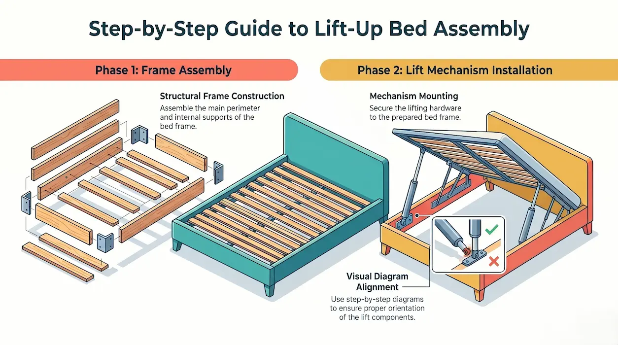 left up storage bed assembly setting