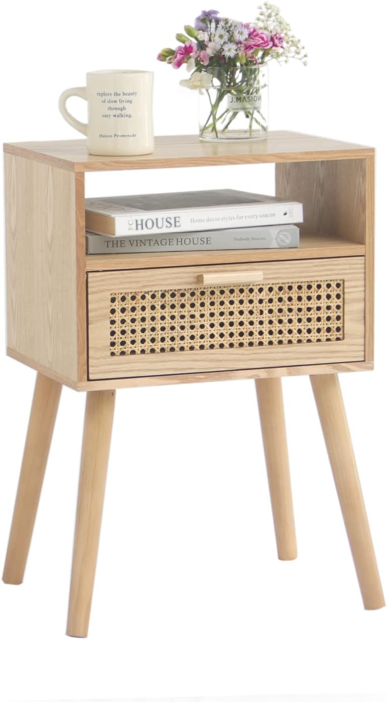 MaxSmeo Modern Nightstand Rattan Side End Table