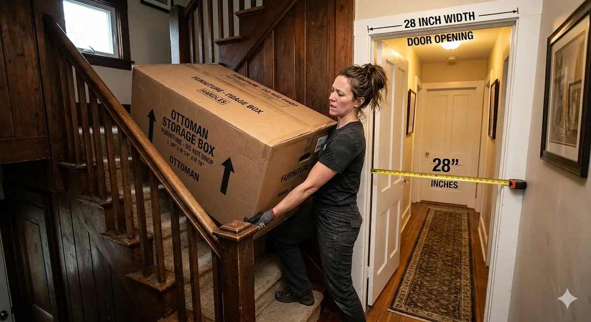 : hauling the ottoman box up a narrow stairwell